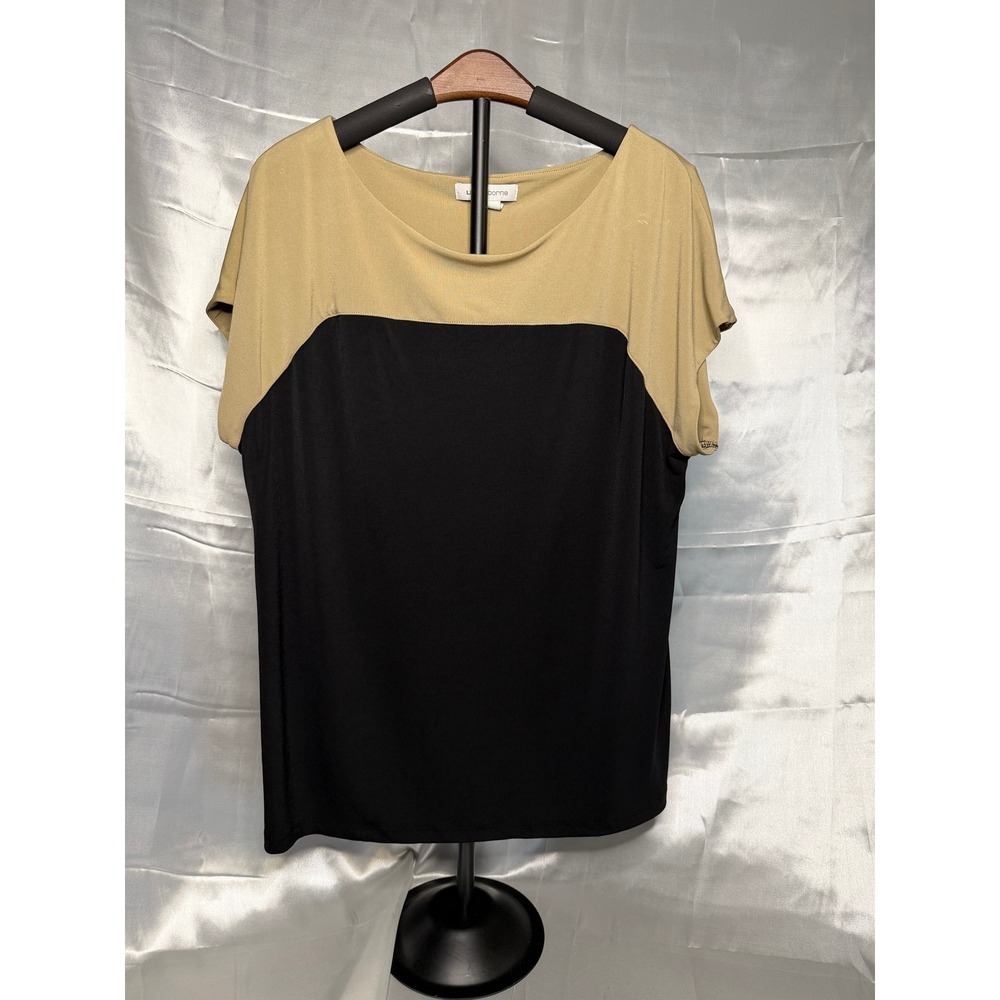 Liz‎ Claiborne Colorblock Blouse Tan Black Minimalist Work Top XL Quiet Luxury